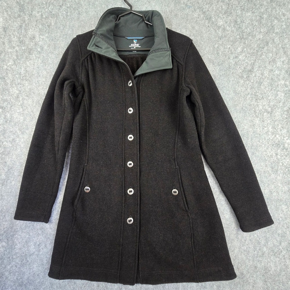Kuhl Alska Long Jacket Women M Black Fleece Lined Button Up Coat Tailored Warm